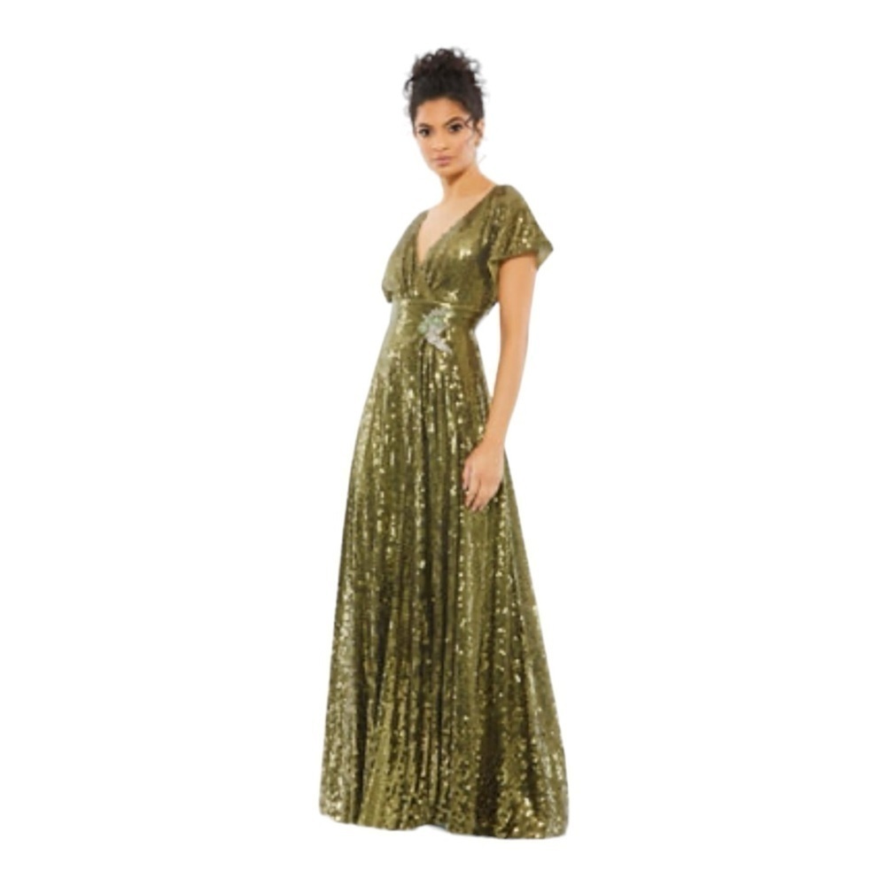 Mac Duggal Sequined Butterfly Sleeve Wrap Over A Line Gown in Olive NWT - Picture 8 of 8